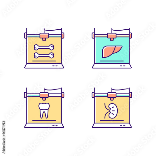 Three dimensional bioprinting RGB color icons set. Biotech printing project. Bone model. Create artificial organ. Dental implants. Isolated vector illustrations. Simple filled line drawings collection