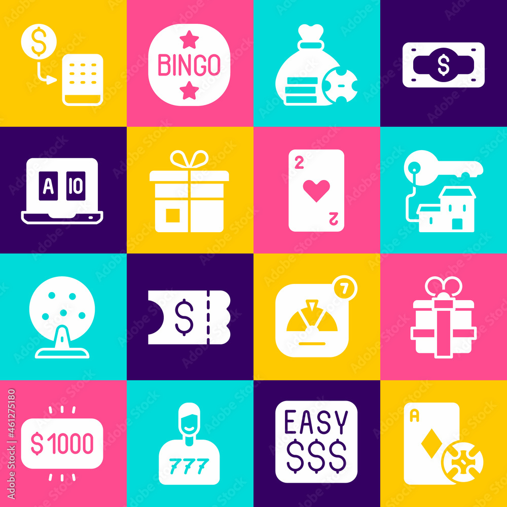 Set Casino chip and playing cards, Gift box, Winning house with key, Money bag, Online poker table game, chips exchange and Playing heart icon. Vector Set Casino chip and playing cards, Gift box, Winning house with key, Money bag, Online poker table game, chips exchange and Playing heart icon. Vector