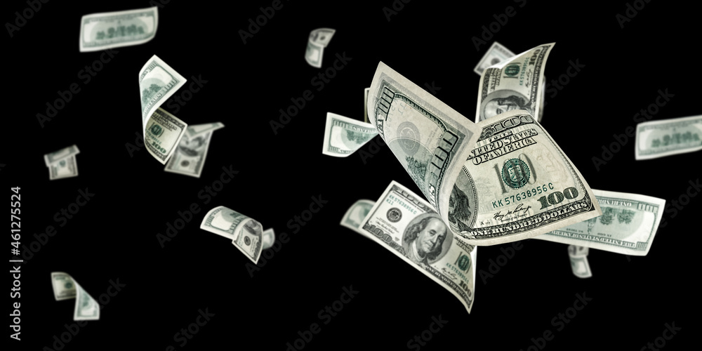 Us dollar. American money, falling cash. Flying hundred dollars isolated on black  background. Stock Photo | Adobe Stock