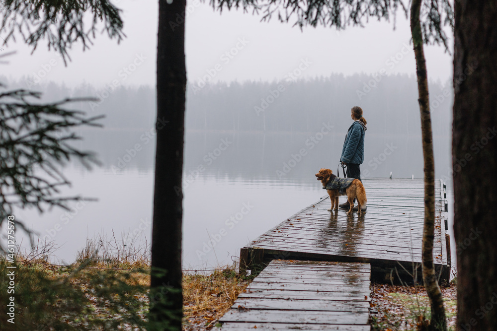 Girl in blue jacket staying on pier with brown Nova Scotia Duck Tolling Retriever and looking into the distance. Travelling with dog. Nature travel destination. Foggy landscape with pine forest.