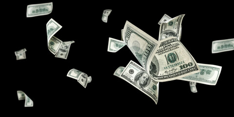 Us dollar. American money, falling cash. Flying hundred dollars isolated on black background.