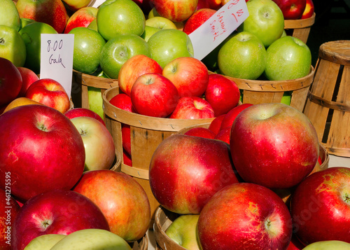 Closeup of apples for sale at a local farmers market