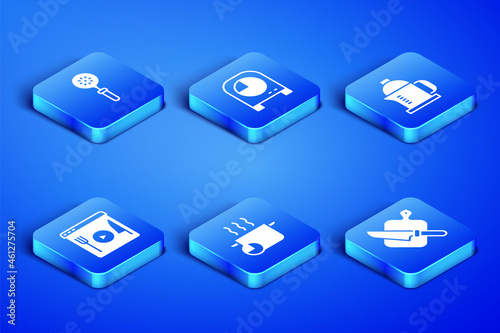 Set Cutting board and knife, Spatula, Cooking pot, live streaming, Kitchen timer and French press icon. Vector