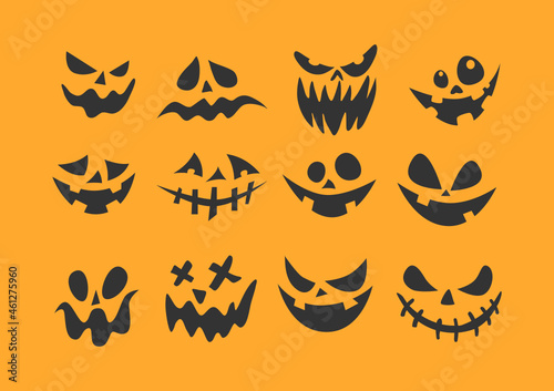 Halloween festival coOctober party spooky black clip art collection, spooky pumpkin facial expressions, smiling ghost face in halloween party lonely on white. Halloween pumpkincept paper as a vector. 