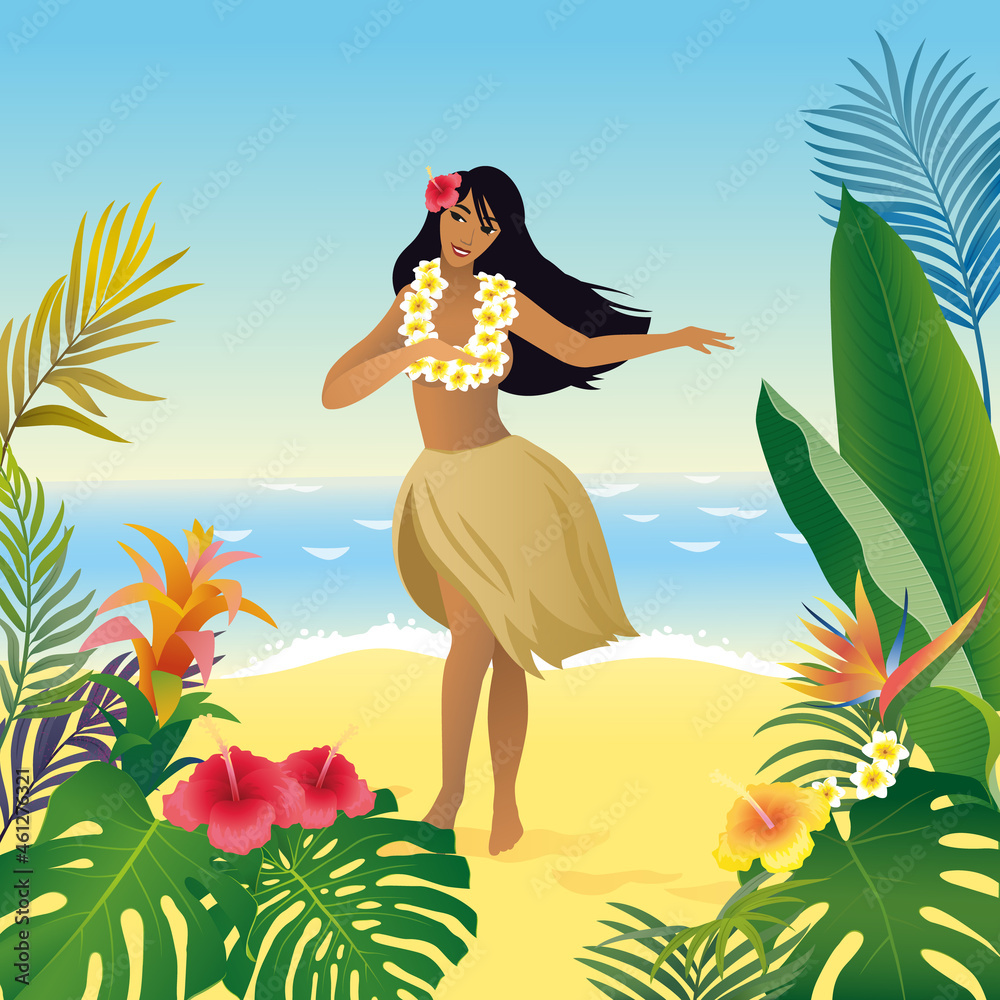 Beautiful hawaiian girl dancing on the sand on the beach against the blue sea surrounded by tropical leaves and flowers