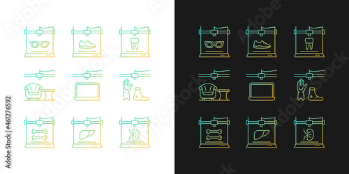 Additive manufacturing gradient icons set for dark and light mode. Producing 3d models. Thin line contour symbols bundle. Isolated vector outline illustrations collection on black and white