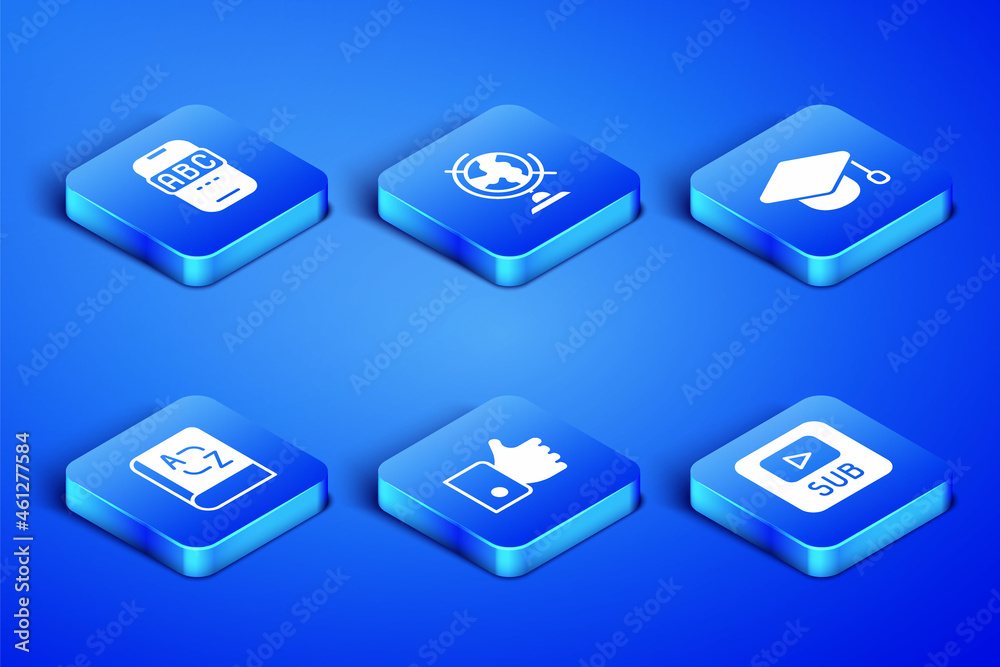 Set Video with subtitles, Foreign language online study, Hand like, Translator book, Earth globe and Graduation cap icon. Vector Set Video with subtitles, Foreign language online study, Hand like, Translator book, Earth globe and Graduation cap icon. Vector