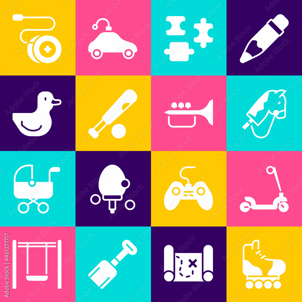 kultur Bedrift Låne Set Roller skate, scooter, Toy horse, Puzzle pieces toy, Baseball bat with  ball, Rubber duck, Yoyo and Trumpet icon. Vector Stock Vector | Adobe Stock