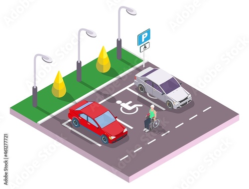 Man in wheelchair at accessible parking space for cars, vector isometric illustration. Parking lot for disabled people.