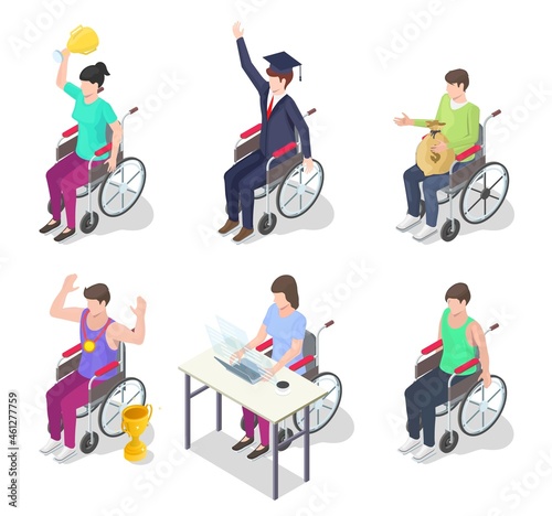 Disabled people set, vector isometric illustration. Athlete, student graduate, office worker, businessman in wheelchair.