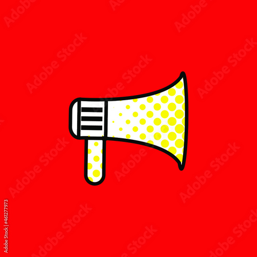 Vector Loudspeaker Icon, Yellow Halftone Texture, Bright Red Background, White Megaphone Icon Isolated.