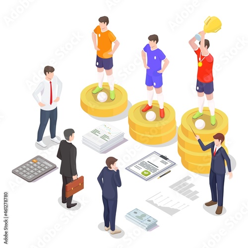 Professional football transfer. Soccer player moving from one football club to another, vector isometric illustration.
