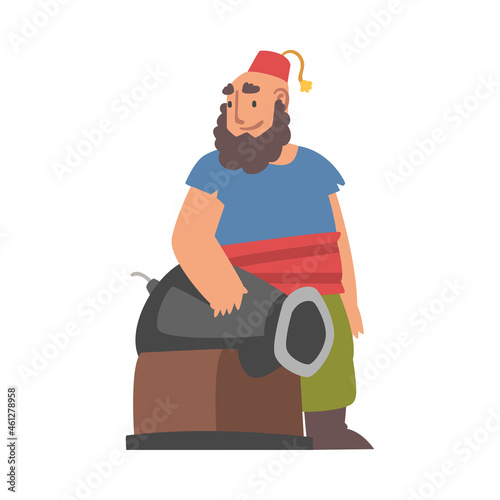 Bearded Man Pirate or Buccaneer Character with Cannon as Marine Robber Vector Illustration