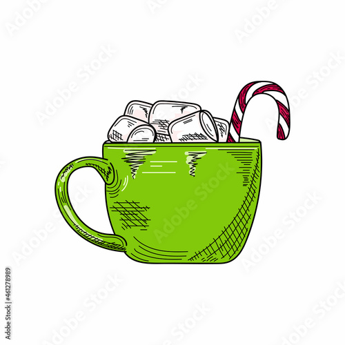 Drawing, engraving, ink, line art, vector illustration christmas hot drink chocolate mug with candy and marshmallow sketch in silhouette on a white background.