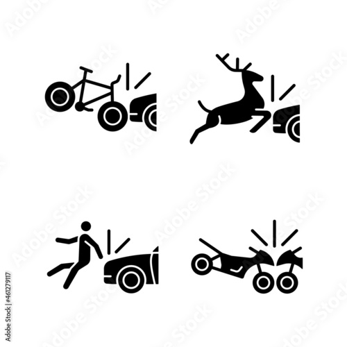 Traffic collision scenarios black glyph icons set on white space. Bicycle crash. Colliding with wildlife. Hitting pedestrian. Motorcycles accident. Silhouette symbols. Vector isolated illustration