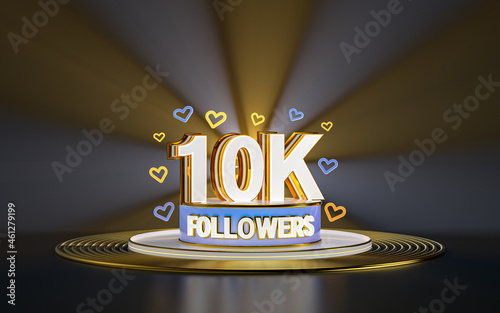 10k followers celebration, thank you social media banner with spotlight gold background 3d render photo