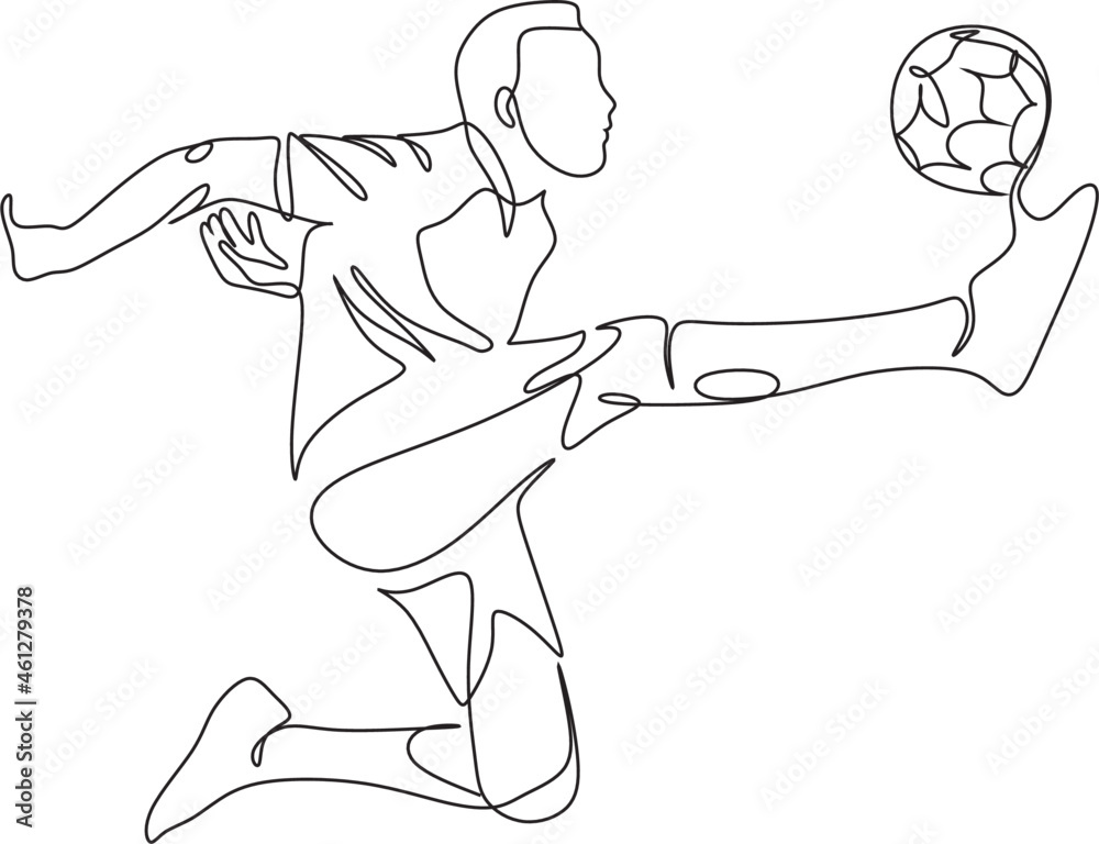 Footbal one line vector.Single continuous line drawing of young sportive man train soccer freestyle, jump juggling with heel on the field. Football freestyler concept. Trendy one line draw design Footbal one line vector.Single continuous line drawing of young sportive man train soccer freestyle, jump juggling with heel on the field. Football freestyler concept. Trendy one line draw design