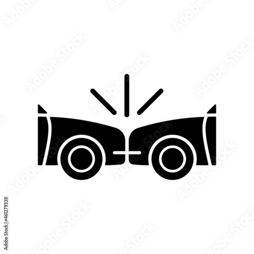 Head-on collision black glyph icon. Frontal crash. Two vehicles collide into one another. Cars driving in opposite directions. Silhouette symbol on white space. Vector isolated illustration
