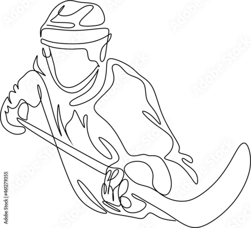 Hockey line vector. Illustration of a hockey player with a stick on the ice. Trendy minimalist line art. One single line drawing of young ice hockey player celebrate a goal at competitive game on ice  photo