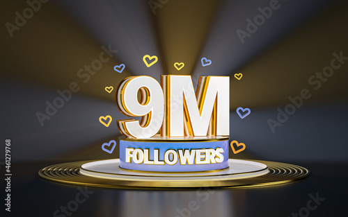 9 million followers celebration, thank you social media banner with spotlight gold background 3d render