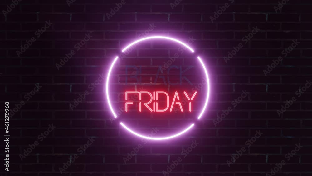 The neon sign BLACK FRIDAY appears on the brick wall and flickers. The neon sign BLACK FRIDAY appears on the brick wall and flickers.