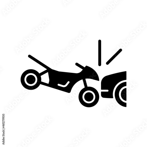 Collision with motorcycle black glyph icon. Dangerous situation for motorcyclist. Car accident. Head-on collision. Driver negligence. Silhouette symbol on white space. Vector isolated illustration