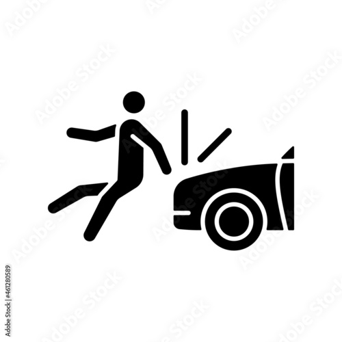 Collision involving pedestrian black glyph icon. Roadway crash. Hitting walker by car. Pedestrian injuries risk. Hit-and-run accident. Silhouette symbol on white space. Vector isolated illustration