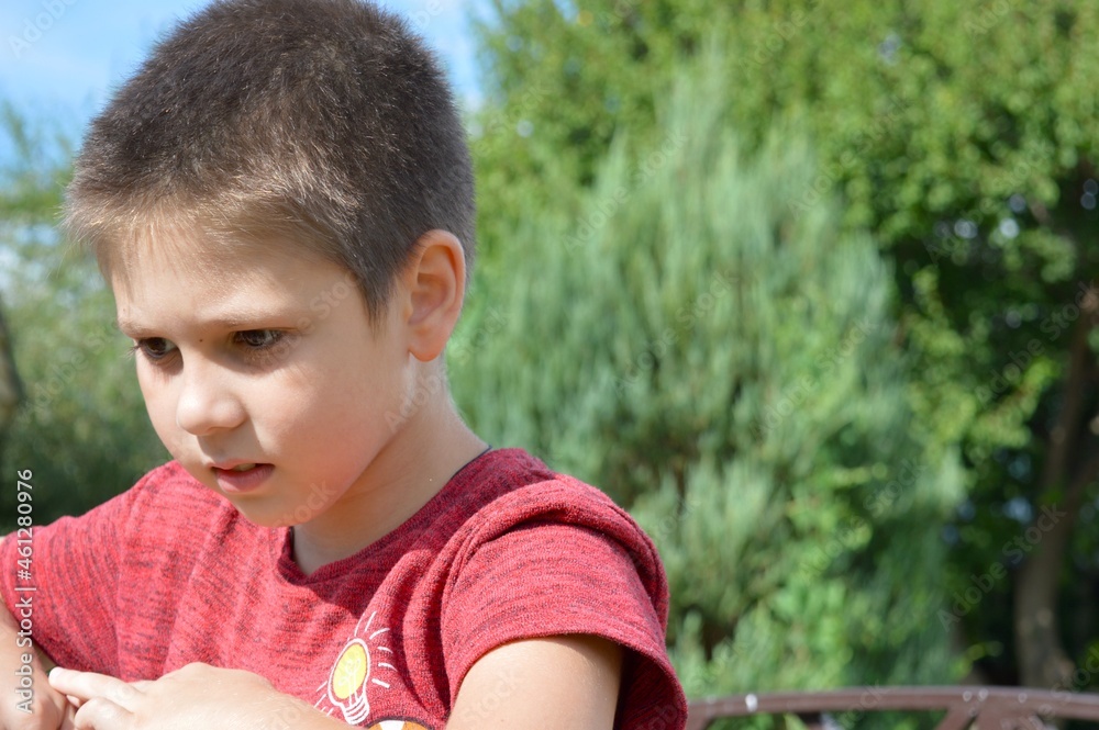 The boy stands on a small bridge and looks thoughtfully into the distance. The boy stands on a small bridge and looks thoughtfully into the distance.