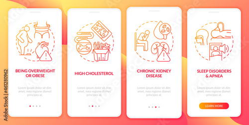 Hypertension risk factors onboarding mobile app page screen. Chronic kidney disease walkthrough 4 steps graphic instructions with concepts. UI, UX, GUI vector template with linear color illustrations
