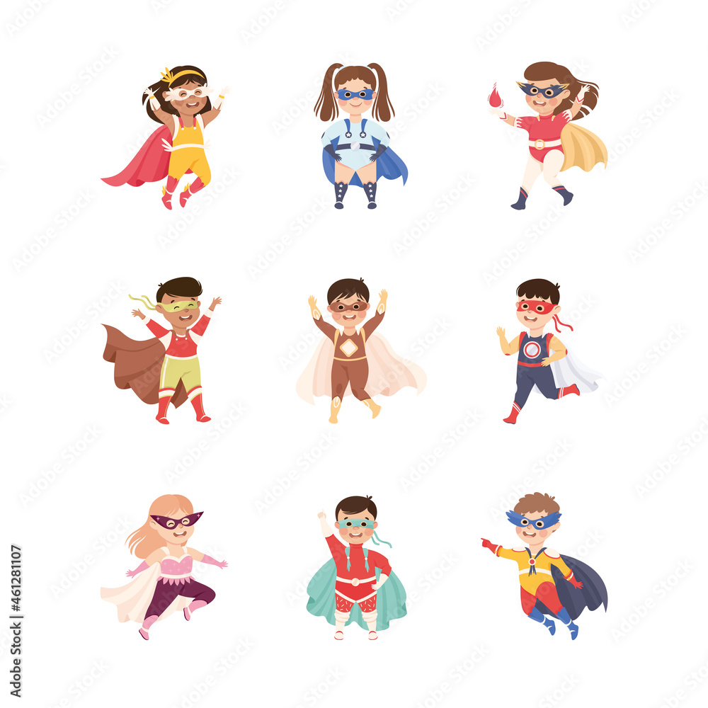 Little Boy and Girl Wearing Costume of Superhero Pretending Having Power for Fighting Crime Vector Set Little Boy and Girl Wearing Costume of Superhero Pretending Having Power for Fighting Crime Vector Set