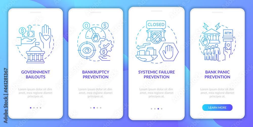 Government bank supervision onboarding mobile app page screen. Crisis prevention walkthrough 4 steps graphic instructions with concepts. UI, UX, GUI vector template with linear color illustrations