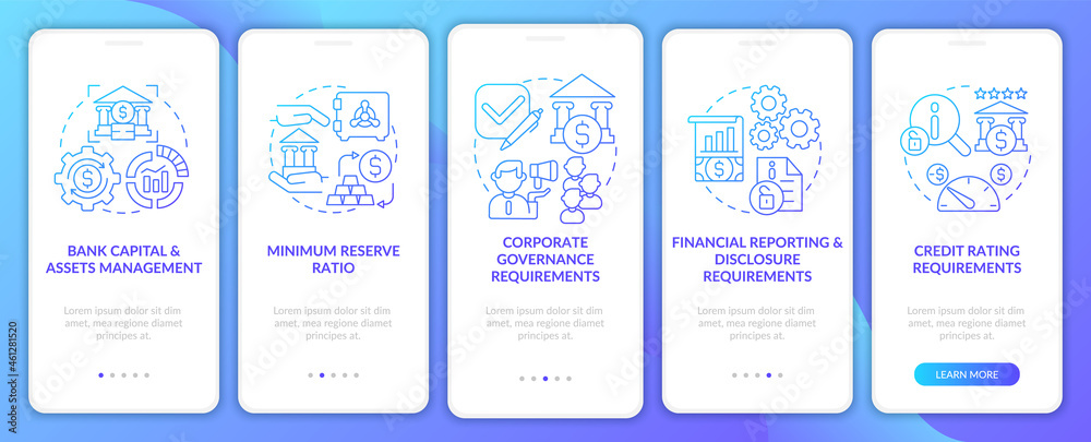 Bank control requirements onboarding mobile app page screen. Moneymanagement walkthrough 5 steps graphic instructions with concepts. UI, UX, GUI vector template with linear color illustrations
