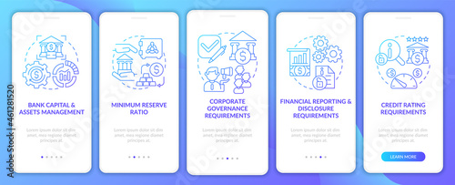 Bank control requirements onboarding mobile app page screen. Moneymanagement walkthrough 5 steps graphic instructions with concepts. UI, UX, GUI vector template with linear color illustrations