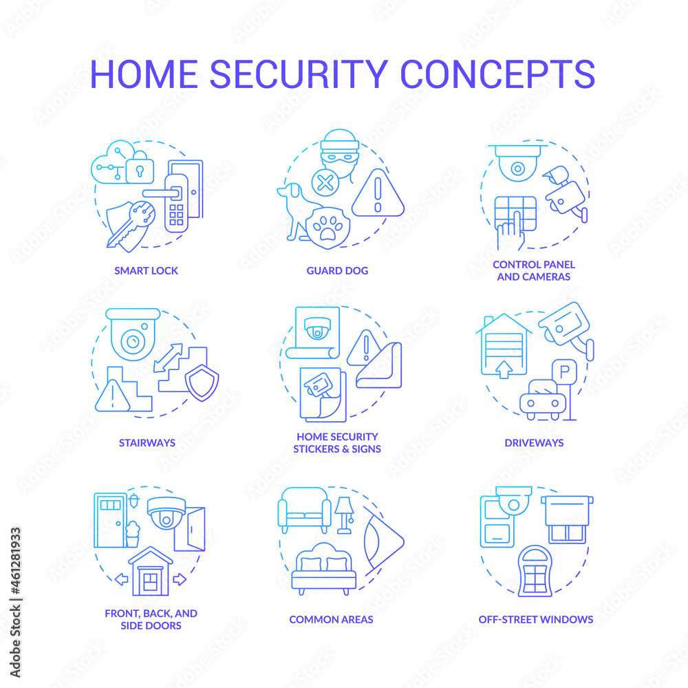 Home security blue gradient concept icons set. Smart house idea thin line color illustrations. Camera surveillance. Internet of things. Burglary prevention. Vector isolated outline drawings.