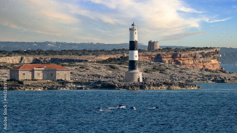 The black and white Pou lighthouse on a small island off Formentera in the Mediterranean. It's a sunny summer day. A group of dolphins romps in the sea.