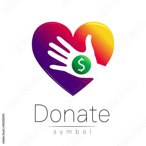 Donation sign icon. Donate money hand and heart. Charity or endowment symbol. Human helping. on white background. Vector.Violet color.