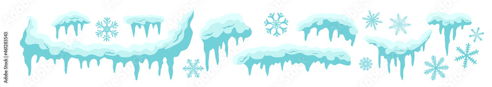 Obraz premium Set of snow icicles, snow cap isolated. Vector template in cartoon style