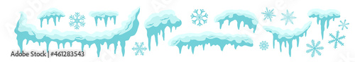 Set of snow icicles, snow cap isolated. Vector template in cartoon style