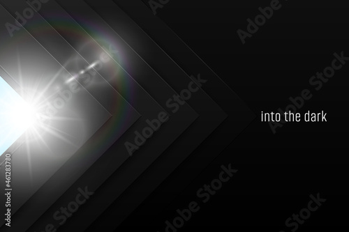 Vector abstract black layered arrow shape background with white lens flare light effect. Dark laminate material chevron backdrop wallpaper