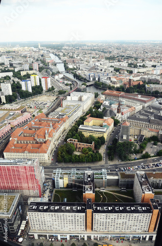 GERMANY, BERLIN: Aerial cityscape view of Berlin city skyline architecture from Fernsehturm TV Tower © Marry