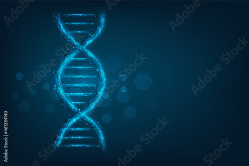 technology science dna code low poly wireframe. consisting of points, lines on dark blue background. science, biology and technology concept. vector illustration futuristic technology