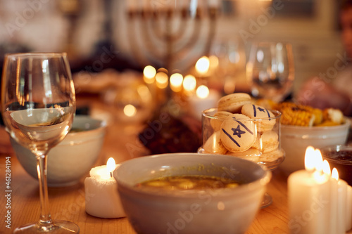 Close-up of table setting for Hanukkah family meal.