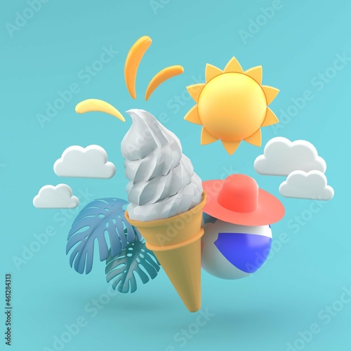 Ice cream soft serve is floating in the blue summer sky.-3d rendering.