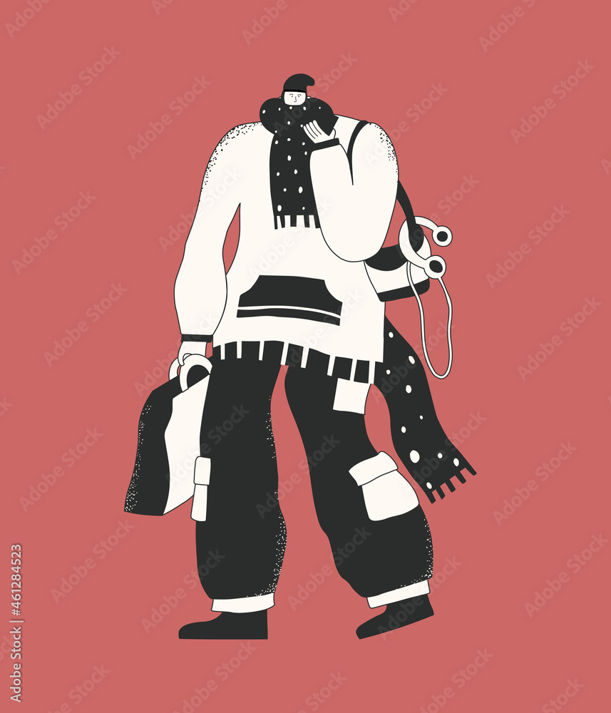 The character is a stylish street influencer. The black and white man is in a hurry. Book and magazine illustration. New York and London style poster and cover. Elegant hand drawn.Fashion illustration