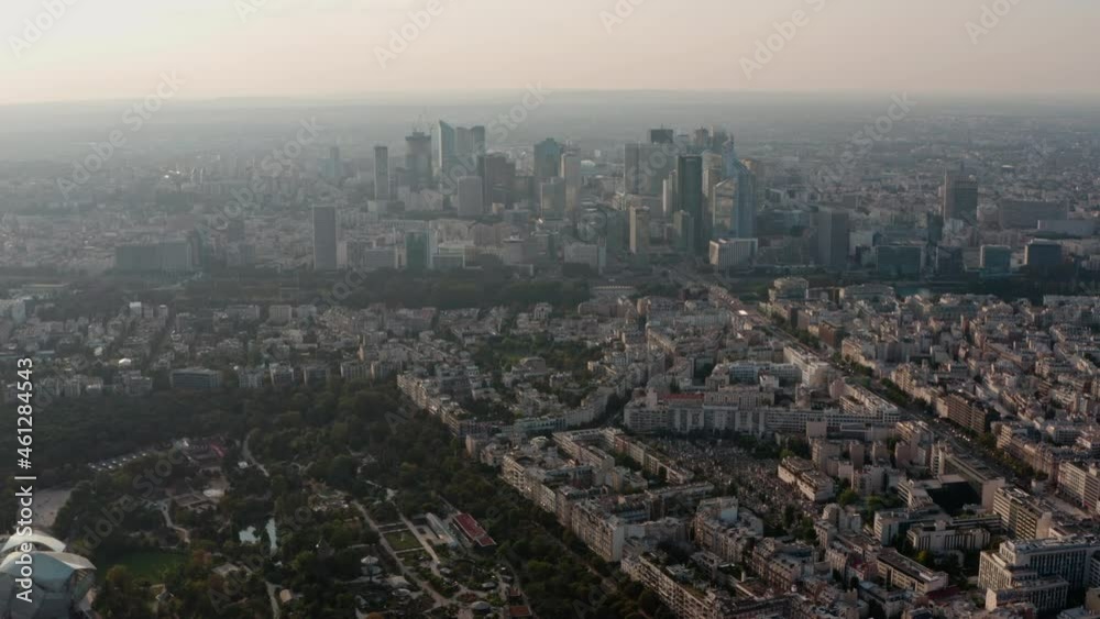 Slider drone shot of La Defence Paris Business District at sunset. Slider drone shot of La Defence Paris Business District at sunset.