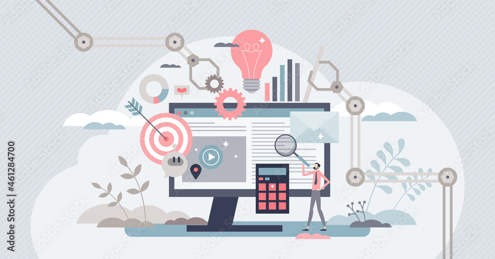 Marketing automation with scheduled social media posts tiny person concept. Reach target audience with content generation for online platform vector illustration. Optimization and efficiency web tool. - obrazy, fototapety, plakaty 