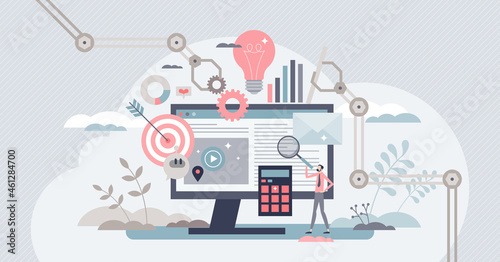 Marketing automation with scheduled social media posts tiny person concept. Reach target audience with content generation for online platform vector illustration. Optimization and efficiency web tool.