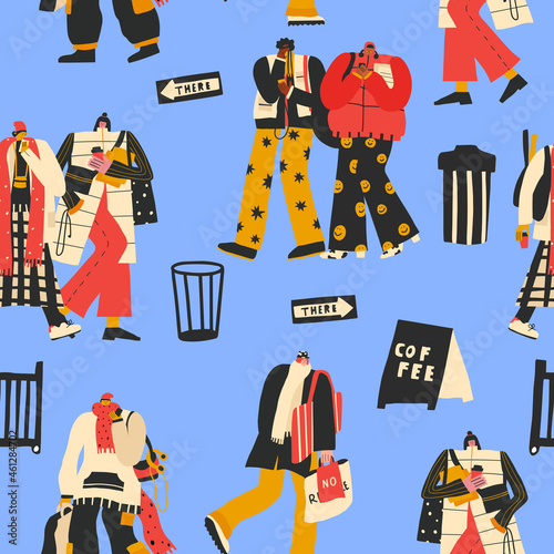 seamless pattern-people living in the metropolis are walking.Multi-raced people lifestyle.Generation Z in fashionable clothes.Businessmen are everyday routine.Urban life. Printing on paper and fabric