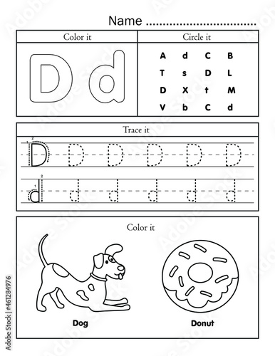 English alphabet letters tracing line printable worksheet with cute picture for coloring for vocabulary learning. Basic writing practice for preschool and kindergarten kids student and teacher.