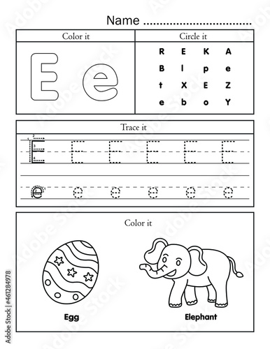 English alphabet letters tracing line printable worksheet with cute picture for coloring for vocabulary learning. Basic writing practice for preschool and kindergarten kids student and teacher.